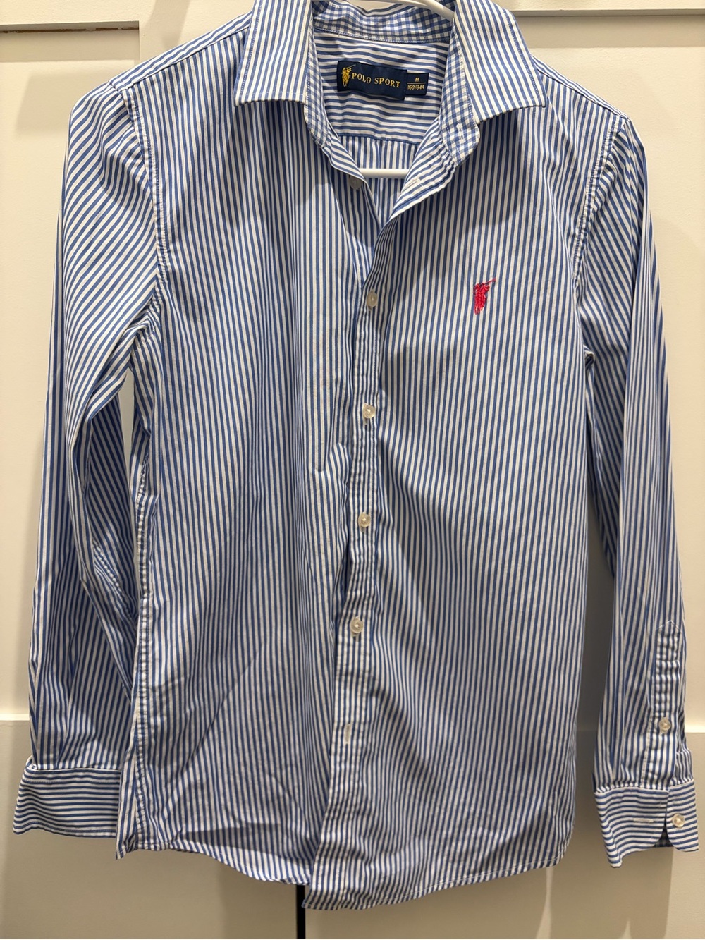 Ralph Lauren Blue and White Striped Button-Down Shirt with Red Logo